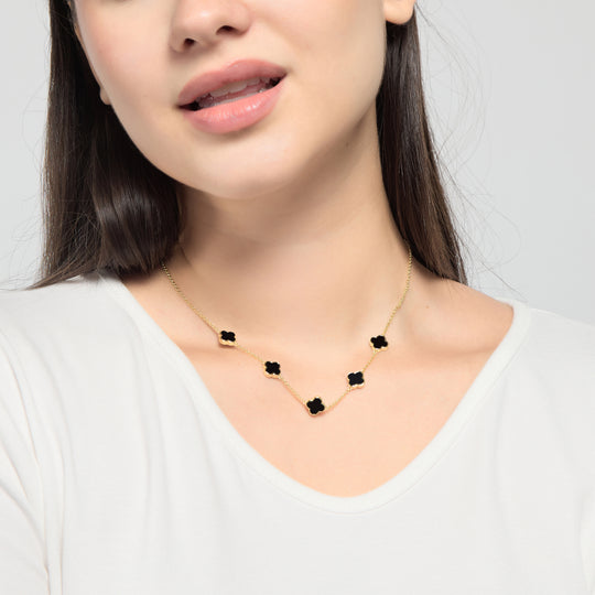 18k Gold Plated Black Onyx Gemstone Multi Clover Necklace