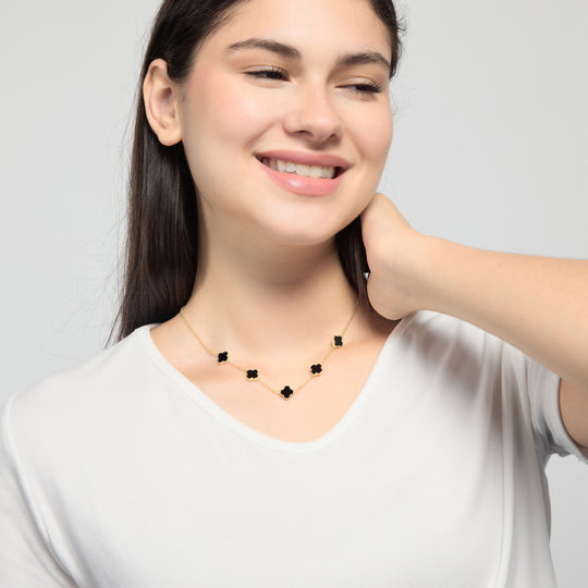 18k Gold Plated Black Onyx Gemstone Multi Clover Necklace