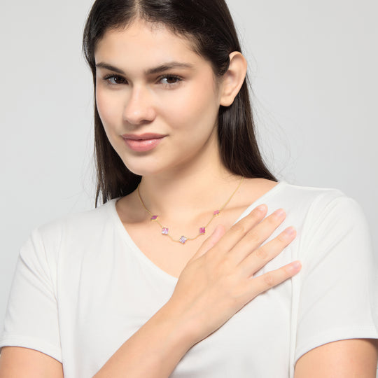 18k Gold Plated Pink Mother of Pearl Gemstone Multi Clover Necklace