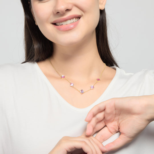 18k Gold Plated Pink Mother of Pearl Gemstone Multi Clover Necklace
