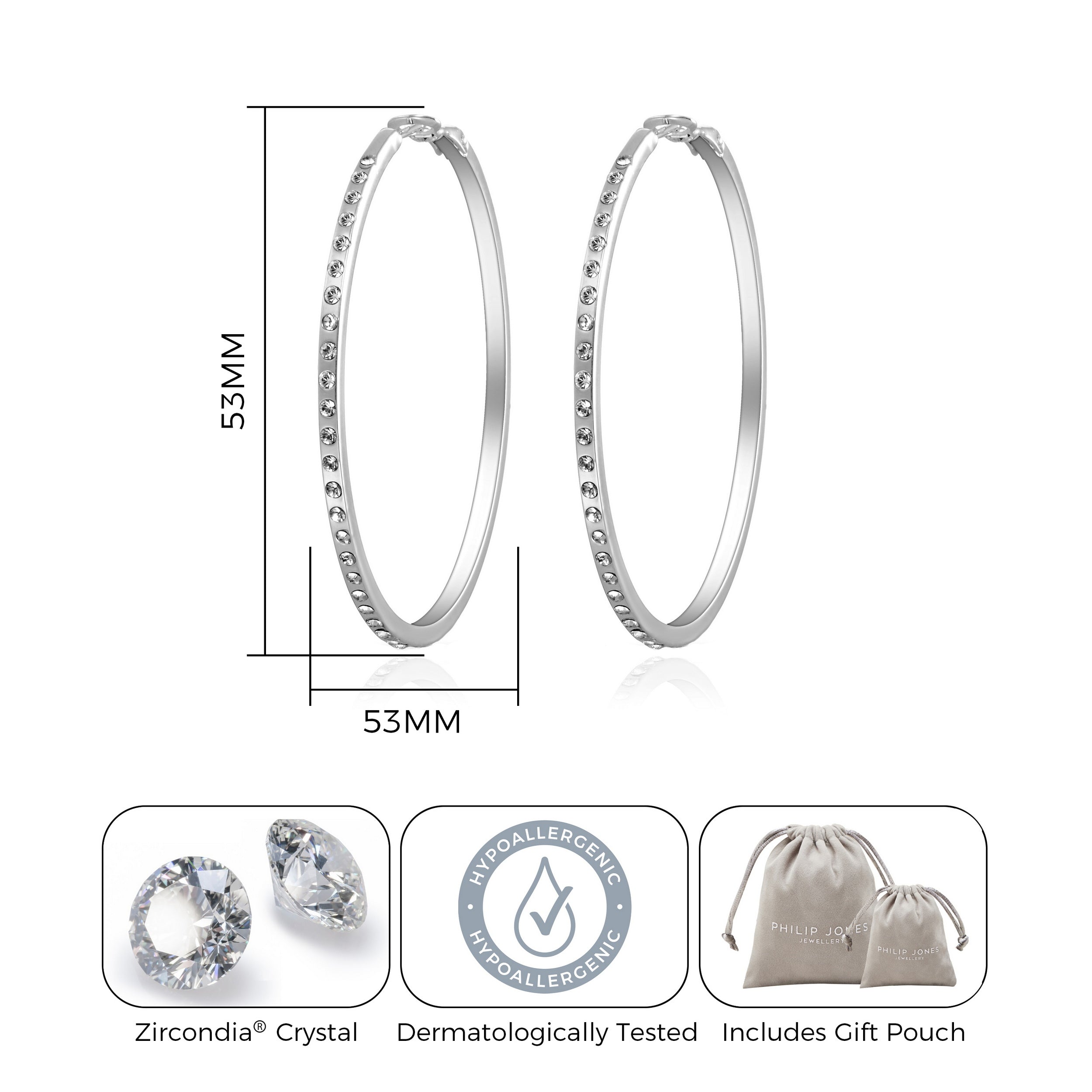 Silver Plated 50mm Hoop Earrings Created with Zircondia® Crystals