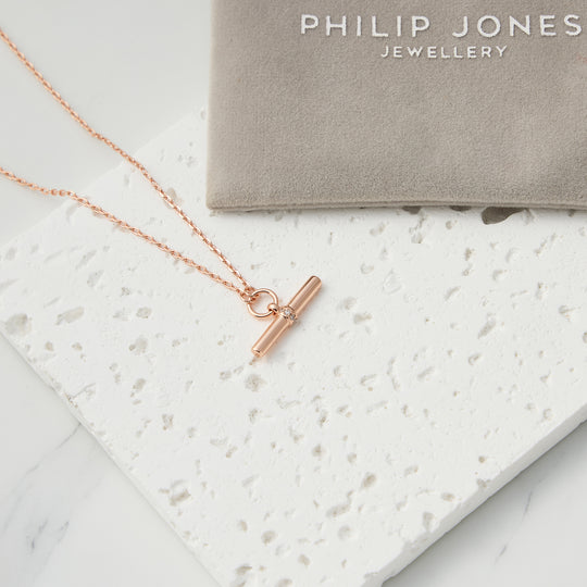 Rose Gold Plated T-Bar Necklace Created with Zircondia® Crystals
