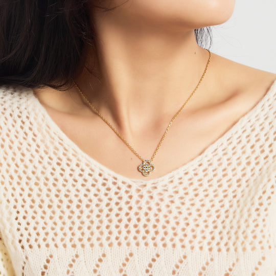 18k Gold Plated Clover Halo Necklace Created with Zircondia® Crystals