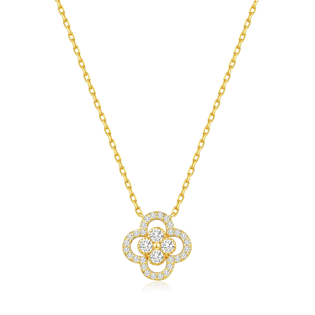 18k Gold Plated Clover Halo Necklace Created with Zircondia® Crystals