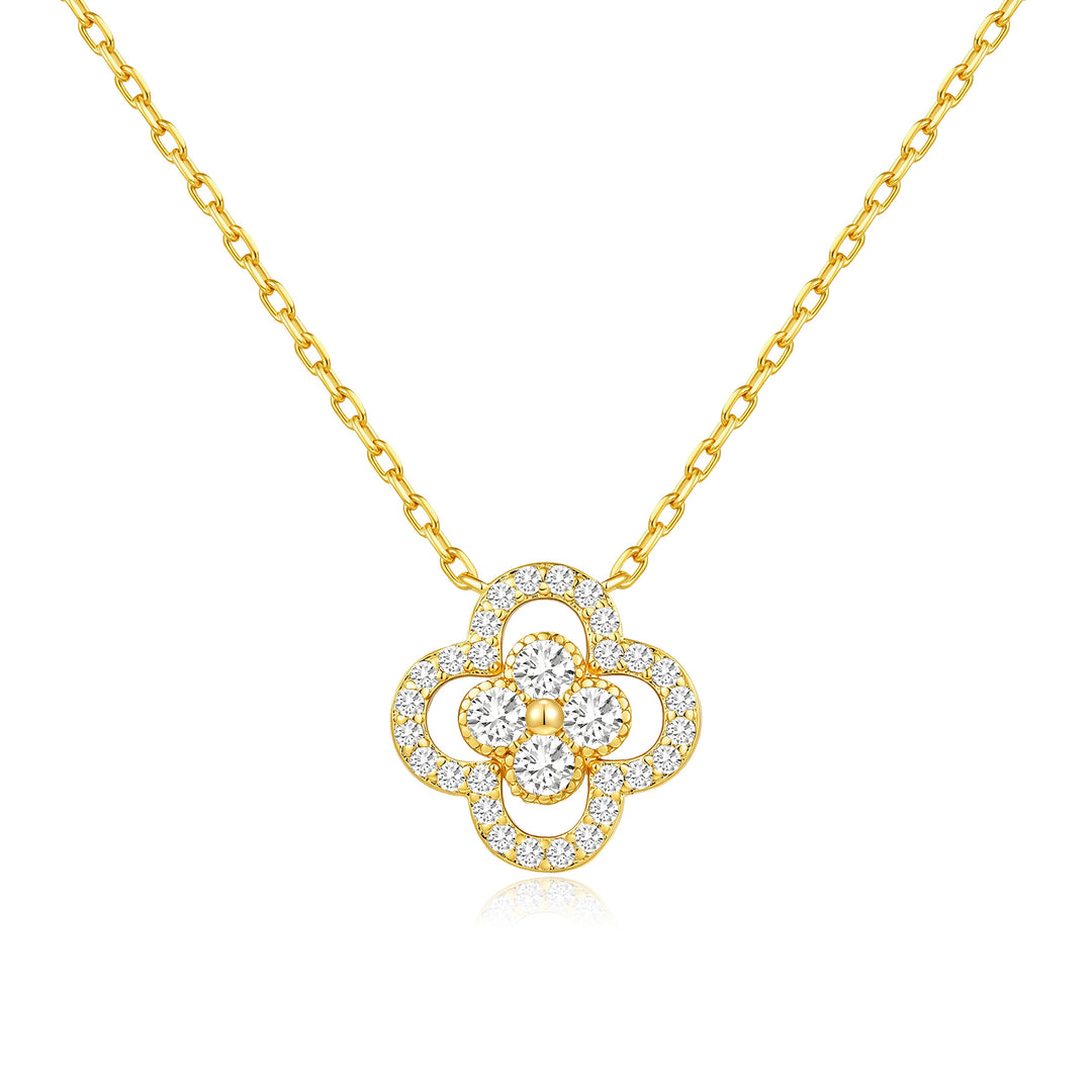 18k Gold Plated Clover Halo Necklace Created with Zircondia® Crystals