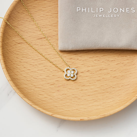 18k Gold Plated Clover Halo Necklace Created with Zircondia® Crystals