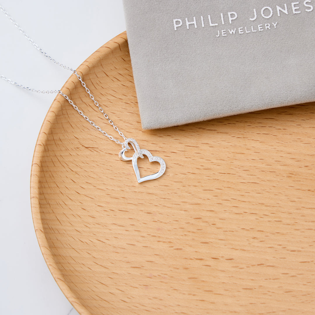 Silver Plated Heart Link Drop Necklace Created with Zircondia® Crystals