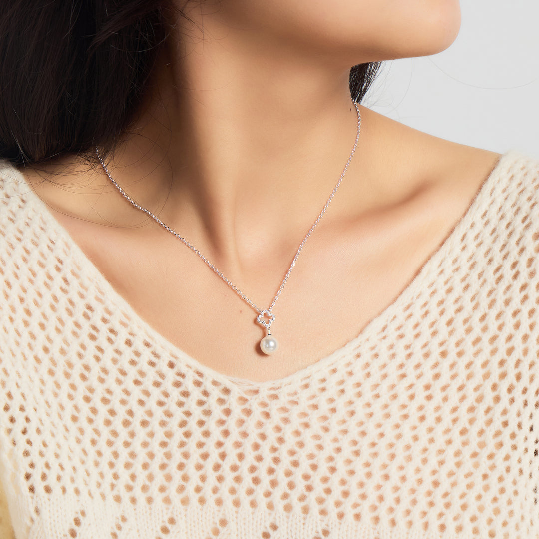 Silver Plated Clover Pearl Drop Set Created with Zircondia® Crystals
