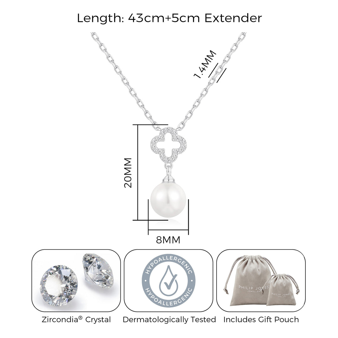 Silver Plated Clover Pearl Drop Necklace Created with Zircondia® Crystals