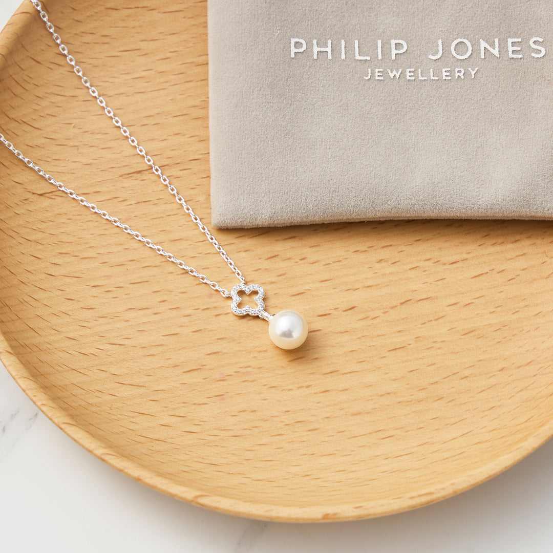 Silver Plated Clover Pearl Drop Necklace Created with Zircondia® Crystals