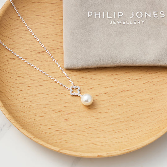 Silver Plated Clover Pearl Drop Necklace Created with Zircondia® Crystals