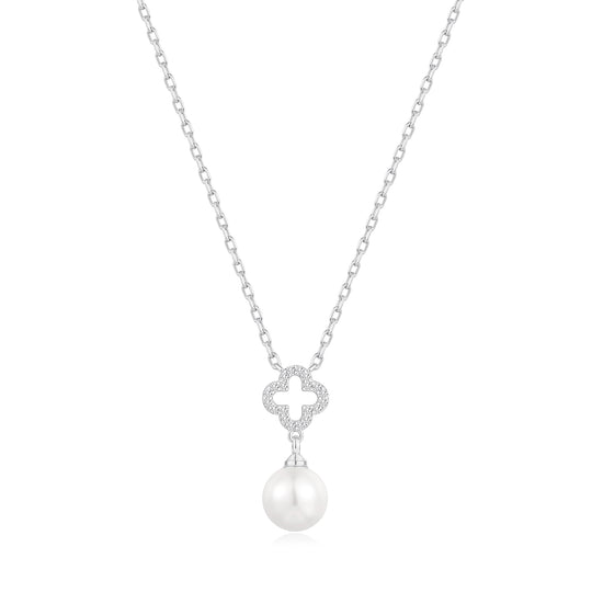 Silver Plated Clover Pearl Drop Necklace Created with Zircondia® Crystals