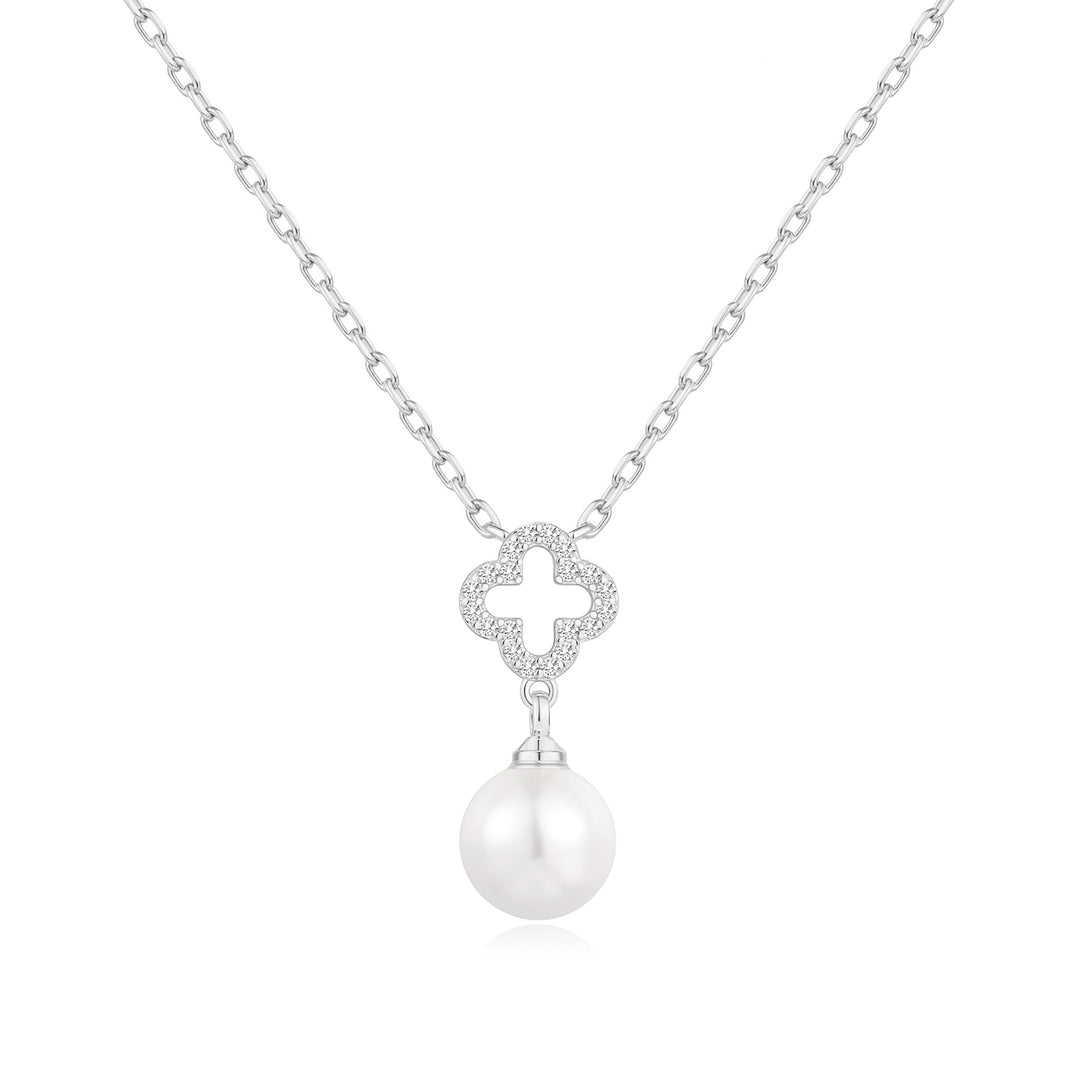 Silver Plated Clover Pearl Drop Necklace Created with Zircondia® Crystals