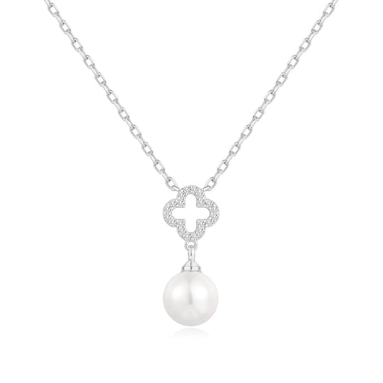 Silver Plated Clover Pearl Drop Necklace Created with Zircondia® Crystals