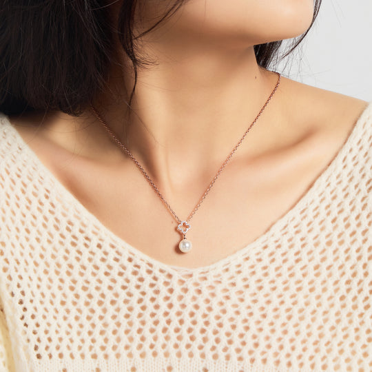 Rose Gold Plated Clover Pearl Drop Set Created with Zircondia® Crystals