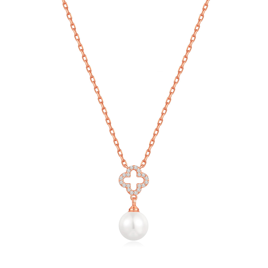 Rose Gold Plated Clover Pearl Drop Necklace Created with Zircondia® Crystals