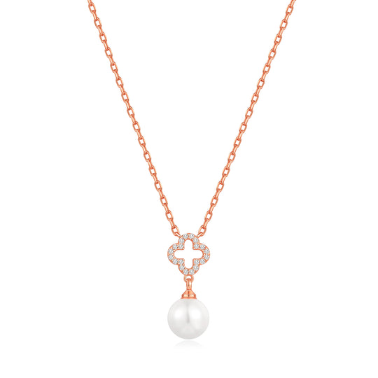 Rose Gold Plated Clover Pearl Drop Necklace Created with Zircondia® Crystals