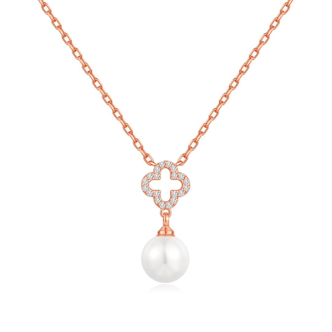 Rose Gold Plated Clover Pearl Drop Necklace Created with Zircondia® Crystals