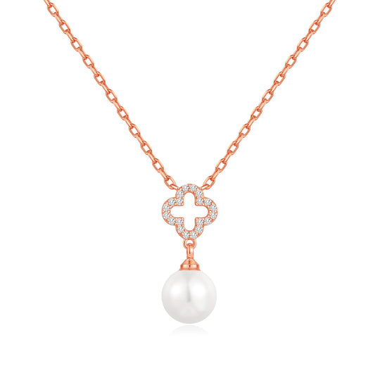 Rose Gold Plated Clover Pearl Drop Necklace Created with Zircondia® Crystals