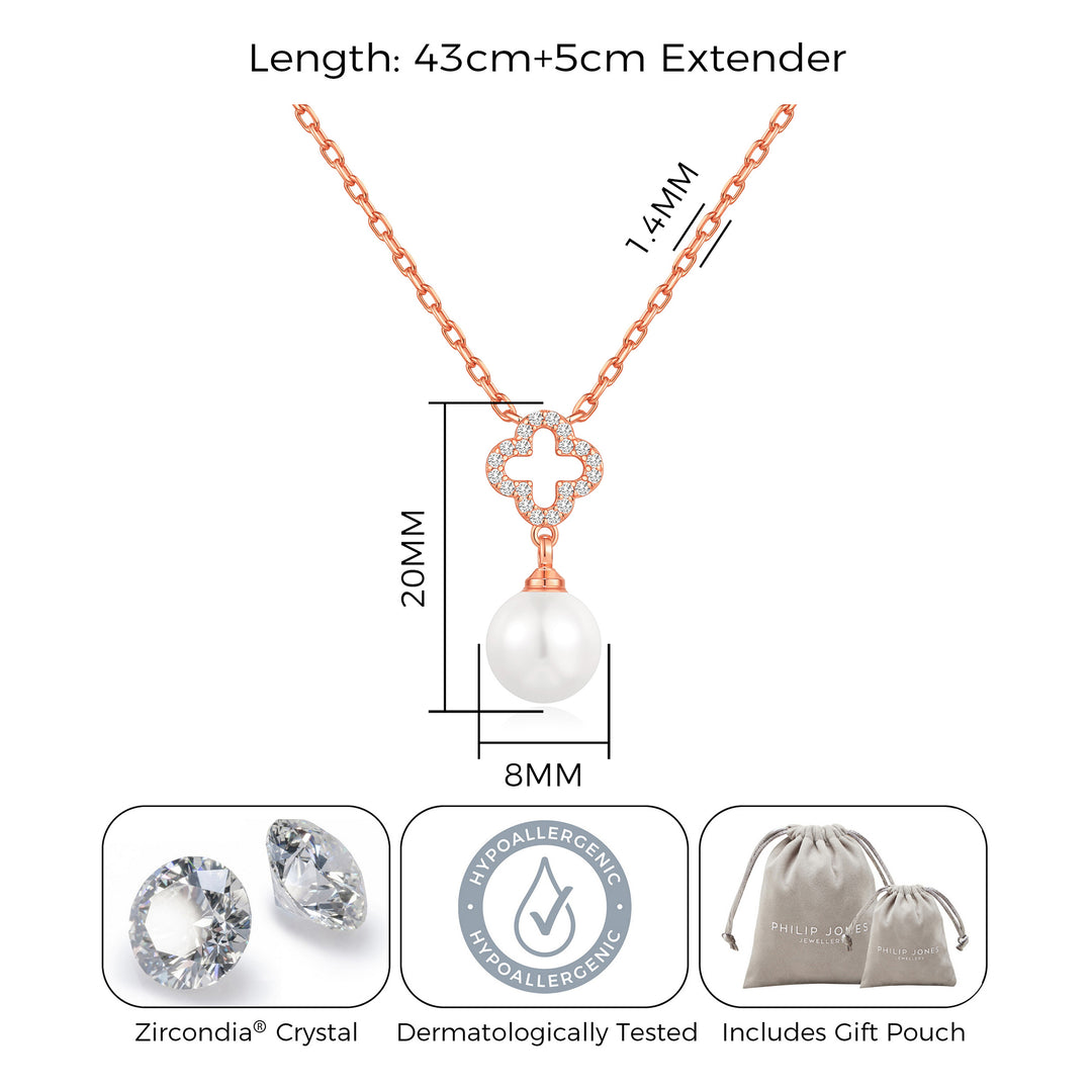 Rose Gold Plated Clover Pearl Drop Necklace Created with Zircondia® Crystals