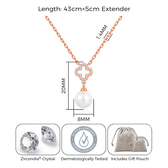 Rose Gold Plated Clover Pearl Drop Necklace Created with Zircondia® Crystals