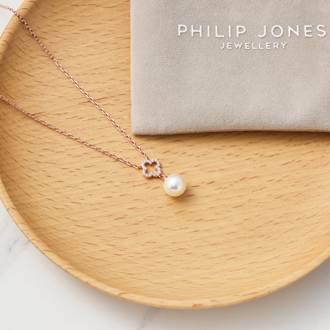 Rose Gold Plated Clover Pearl Drop Necklace Created with Zircondia® Crystals