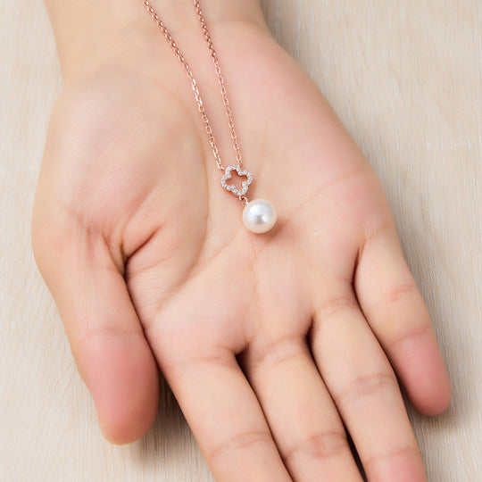 Rose Gold Plated Clover Pearl Drop Necklace Created with Zircondia® Crystals
