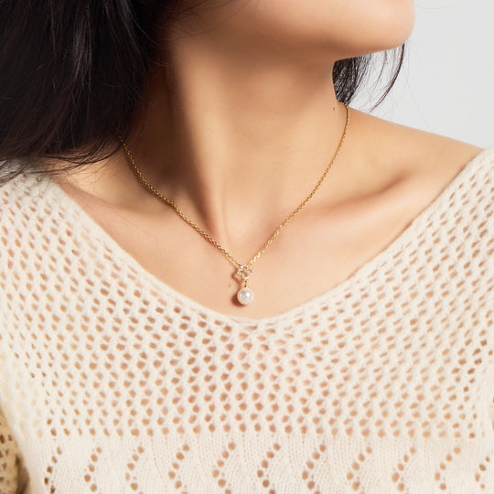 18k Gold Plated Clover Pearl Drop Set Created with Zircondia® Crystals