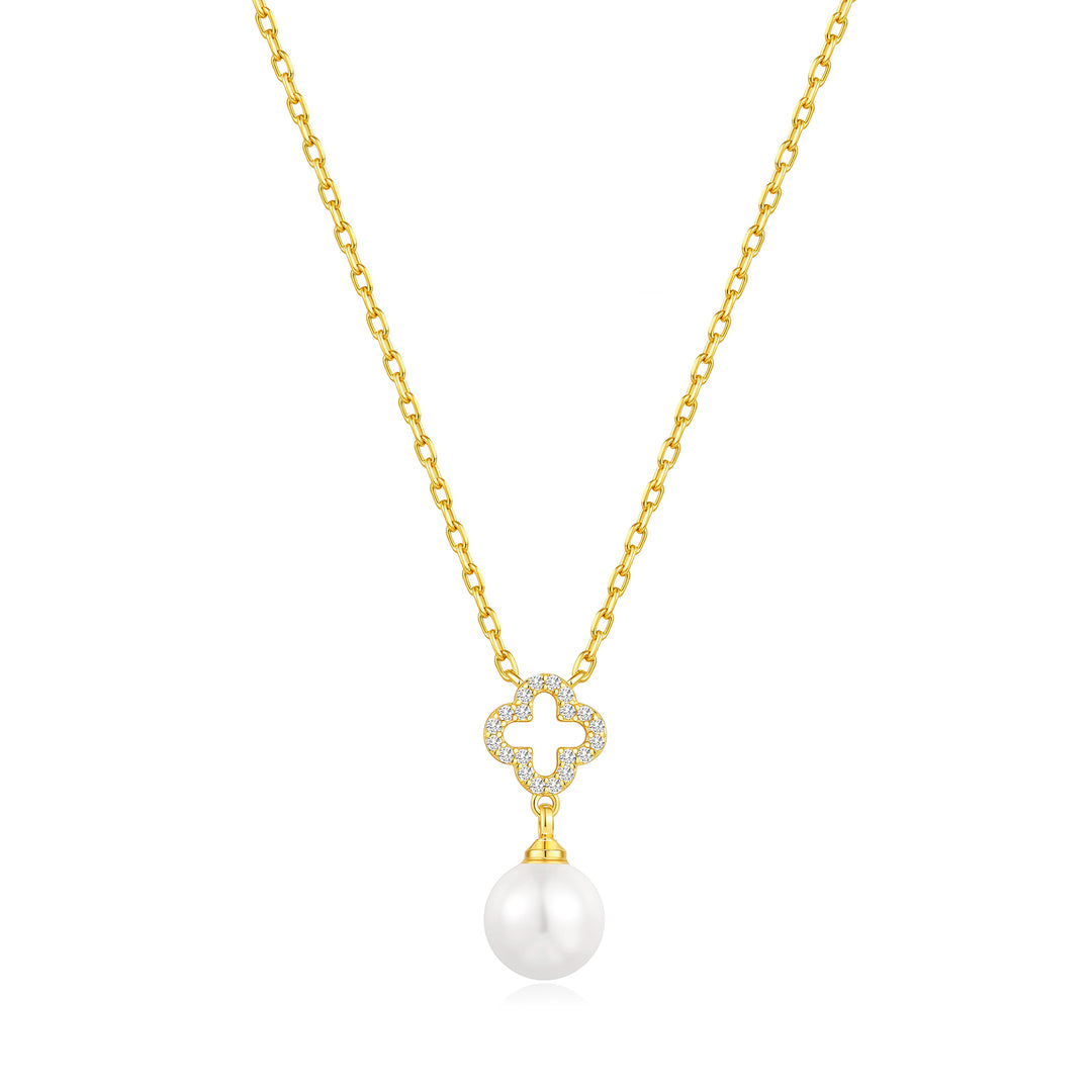 18k Gold Plated Clover Pearl Drop Necklace Created with Zircondia® Crystals