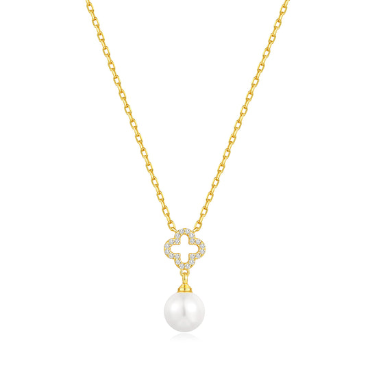 18k Gold Plated Clover Pearl Drop Necklace Created with Zircondia® Crystals