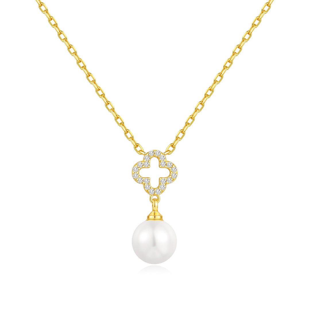 18k Gold Plated Clover Pearl Drop Necklace Created with Zircondia® Crystals