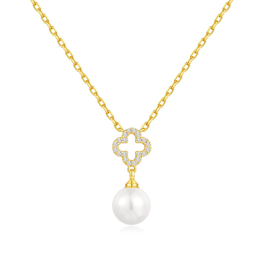 18k Gold Plated Clover Pearl Drop Necklace Created with Zircondia® Crystals