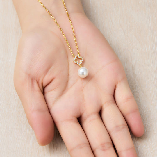 18k Gold Plated Clover Pearl Drop Necklace Created with Zircondia® Crystals
