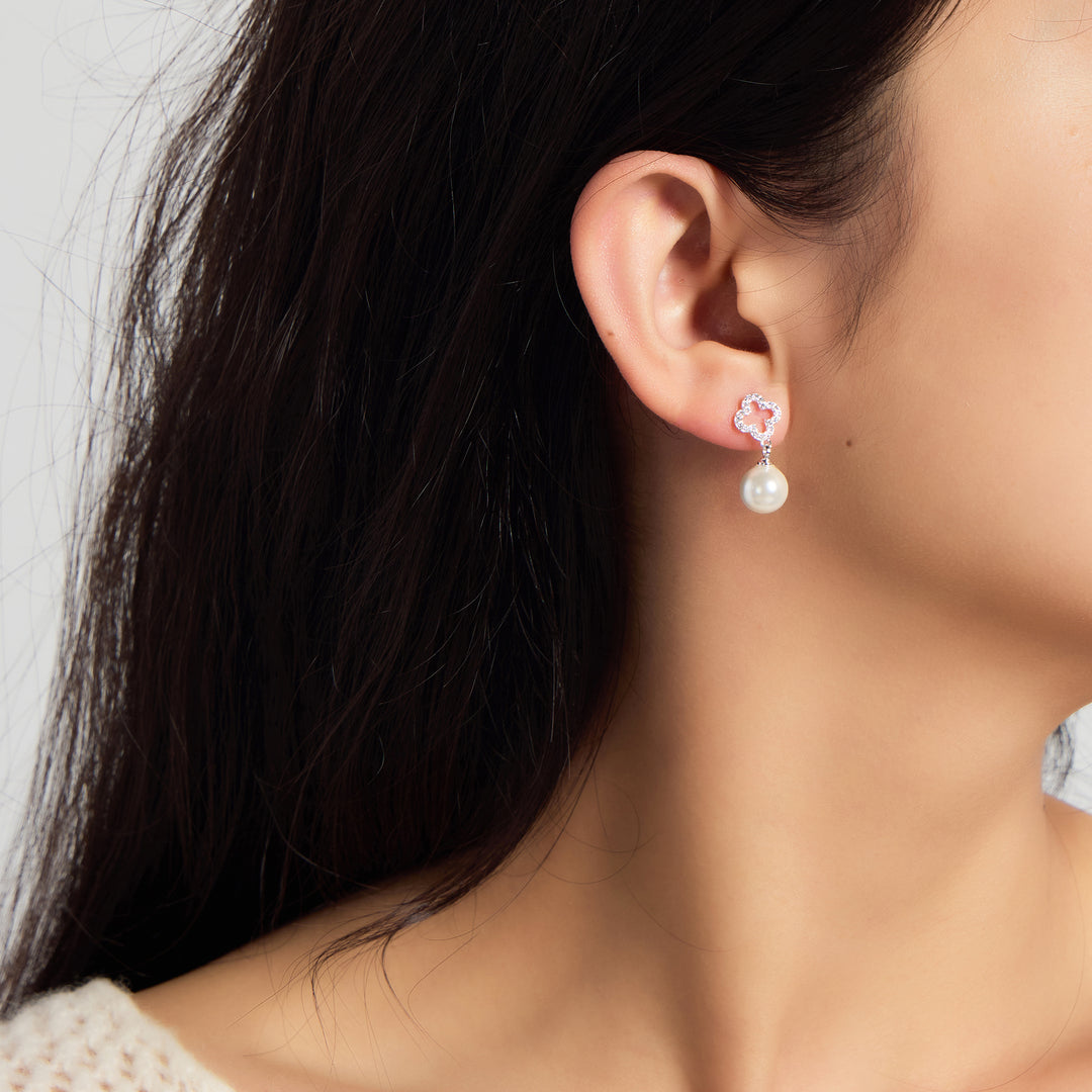 Silver Plated Clover Pearl Drop Set Created with Zircondia® Crystals