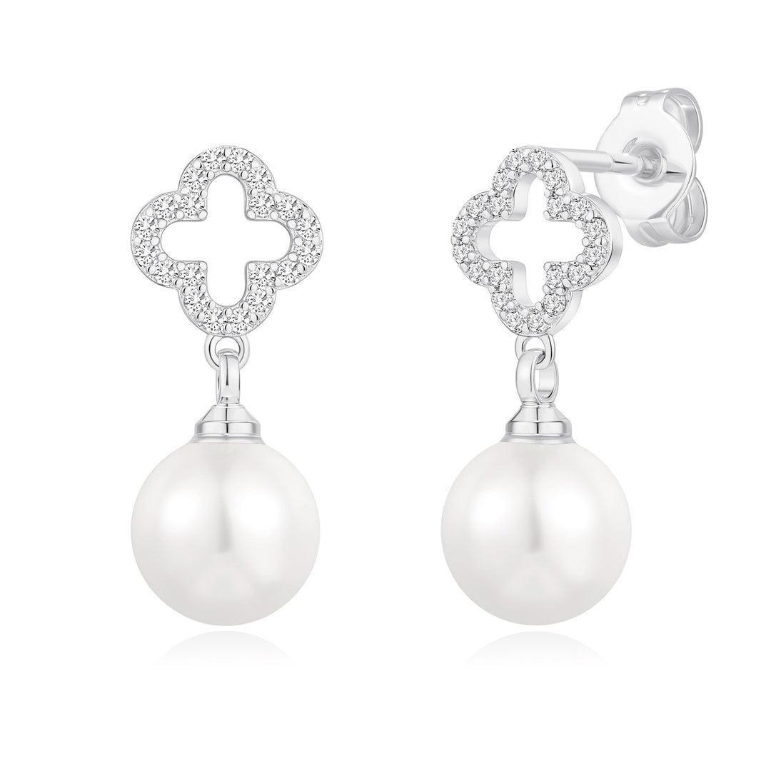 Silver Plated Clover Pearl Drop Earrings Created with Zircondia® Crystals
