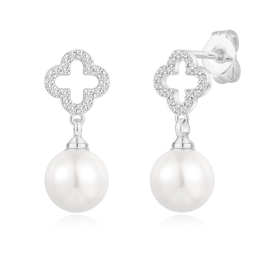 Silver Plated Clover Pearl Drop Earrings Created with Zircondia® Crystals