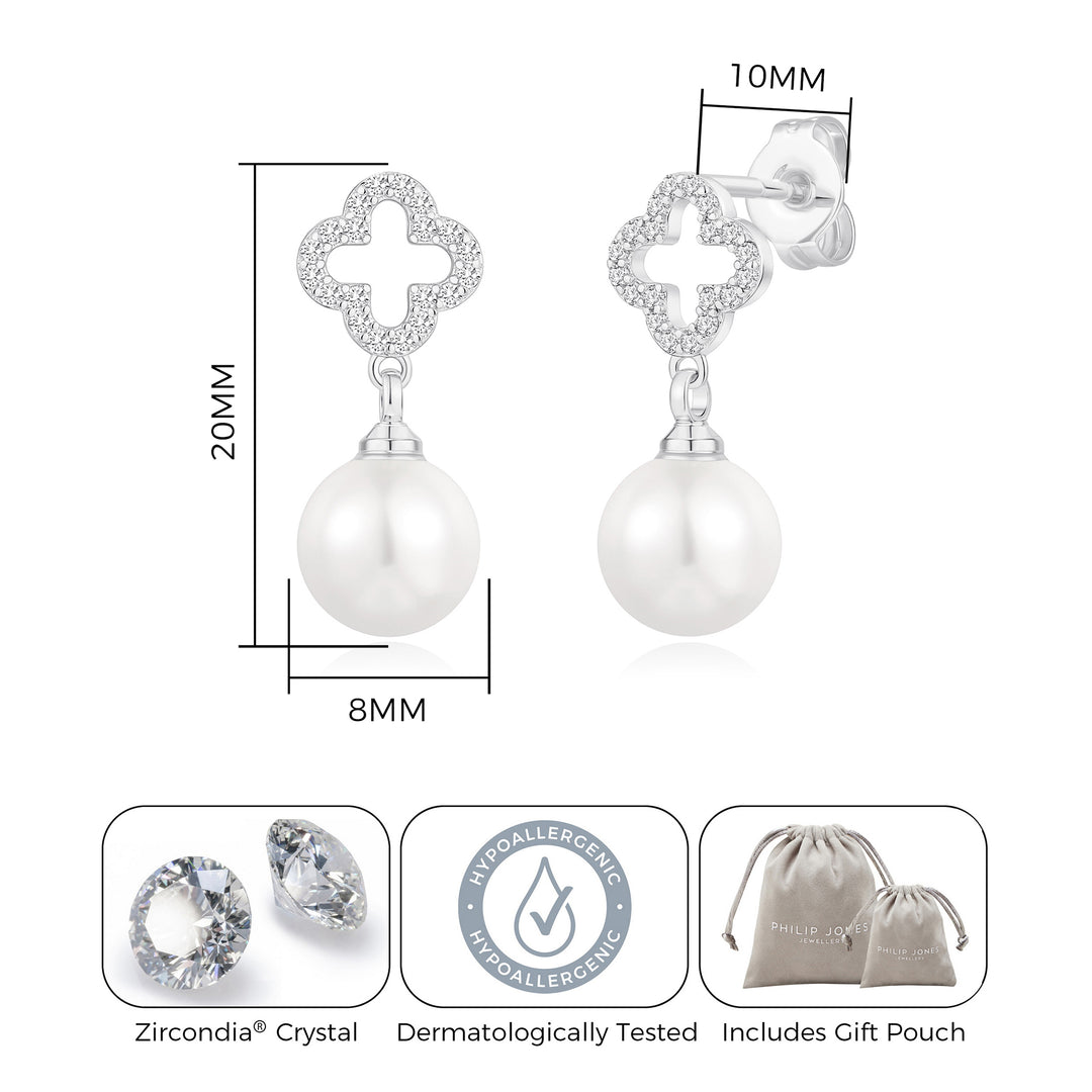 Silver Plated Clover Pearl Drop Earrings Created with Zircondia® Crystals