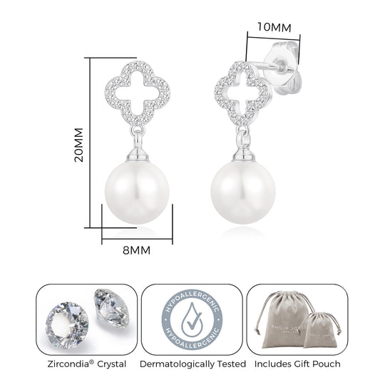 Silver Plated Clover Pearl Drop Earrings Created with Zircondia® Crystals