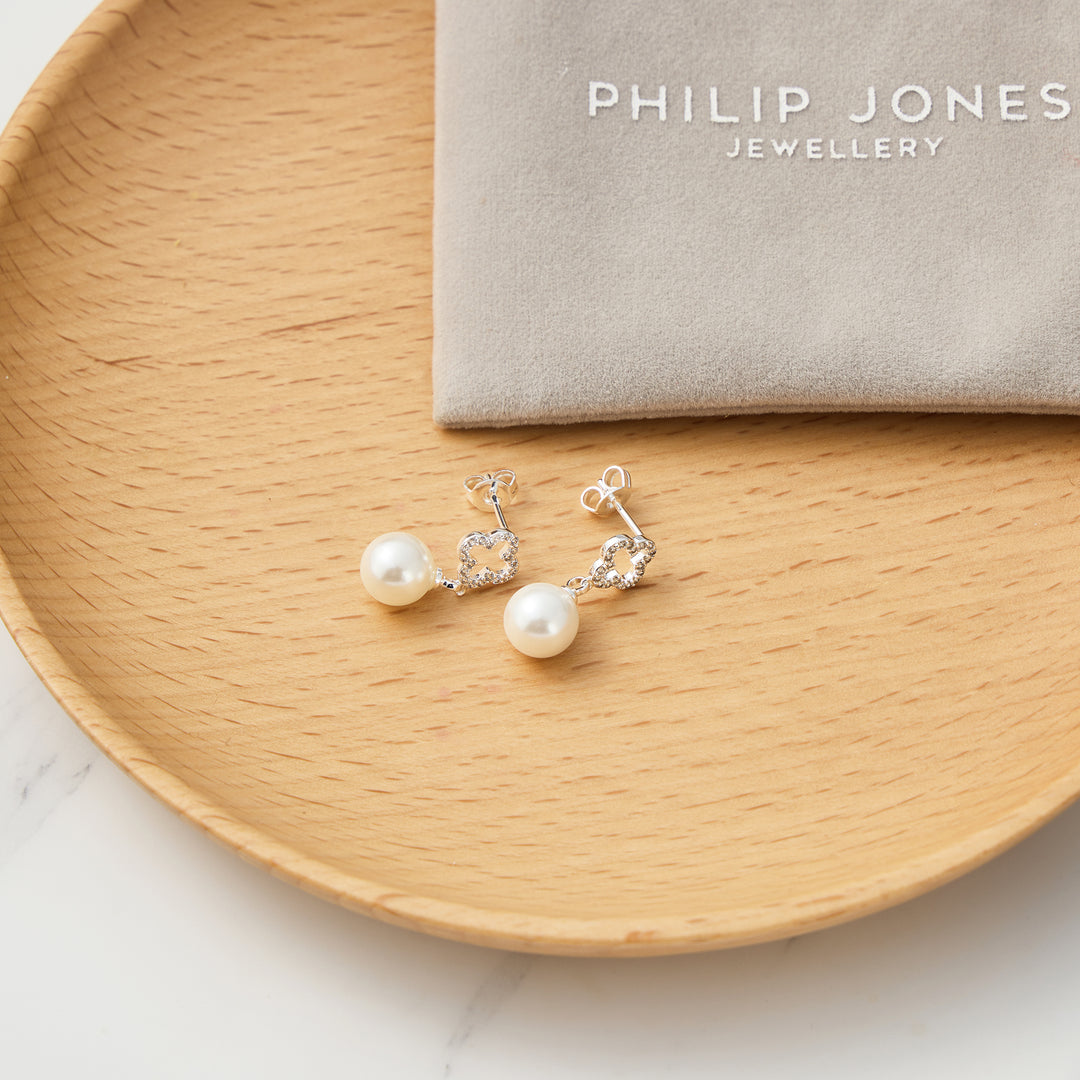Silver Plated Clover Pearl Drop Earrings Created with Zircondia® Crystals