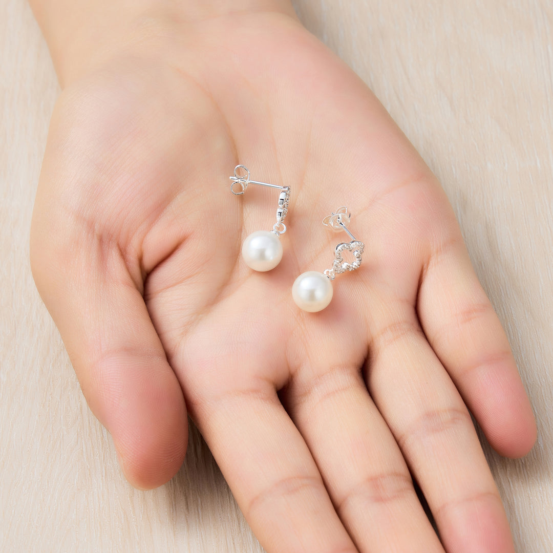 Silver Plated Clover Pearl Drop Earrings Created with Zircondia® Crystals