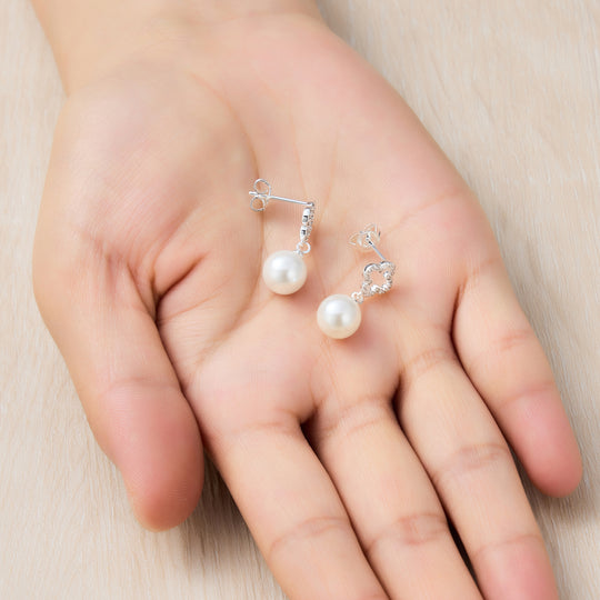 Silver Plated Clover Pearl Drop Earrings Created with Zircondia® Crystals