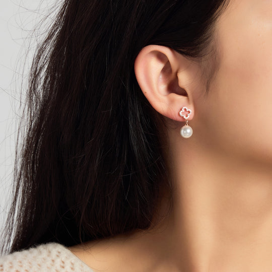 Rose Gold Plated Clover Pearl Drop Set Created with Zircondia® Crystals