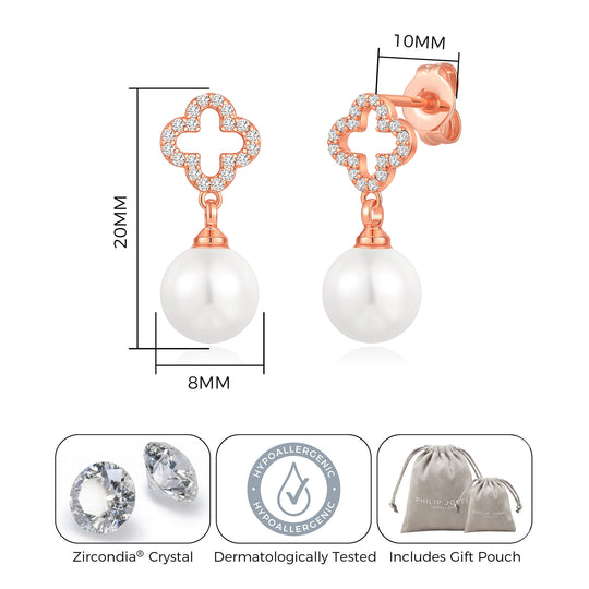 Rose Gold Plated Clover Pearl Drop Earrings Created with Zircondia® Crystals