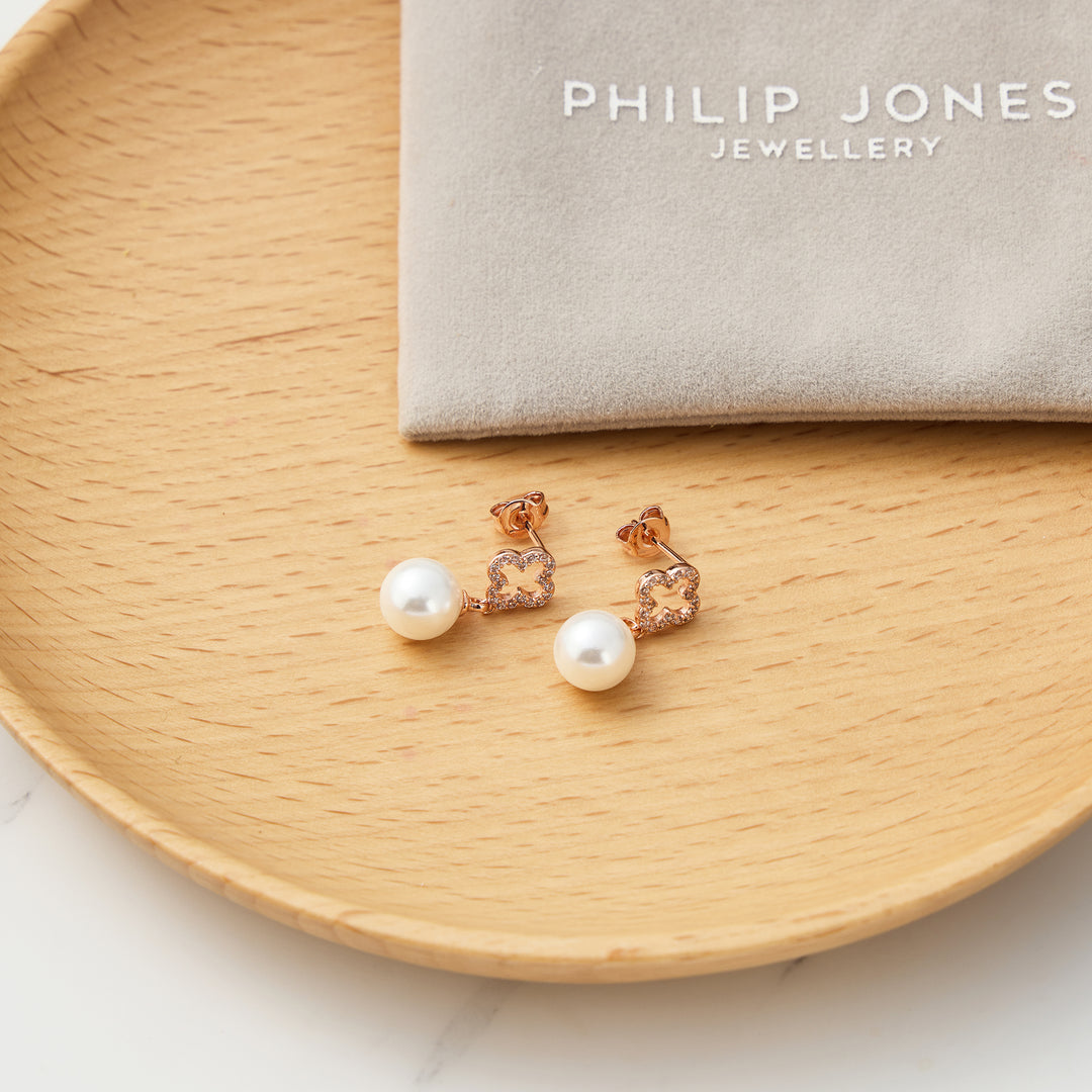 Rose Gold Plated Clover Pearl Drop Earrings Created with Zircondia® Crystals