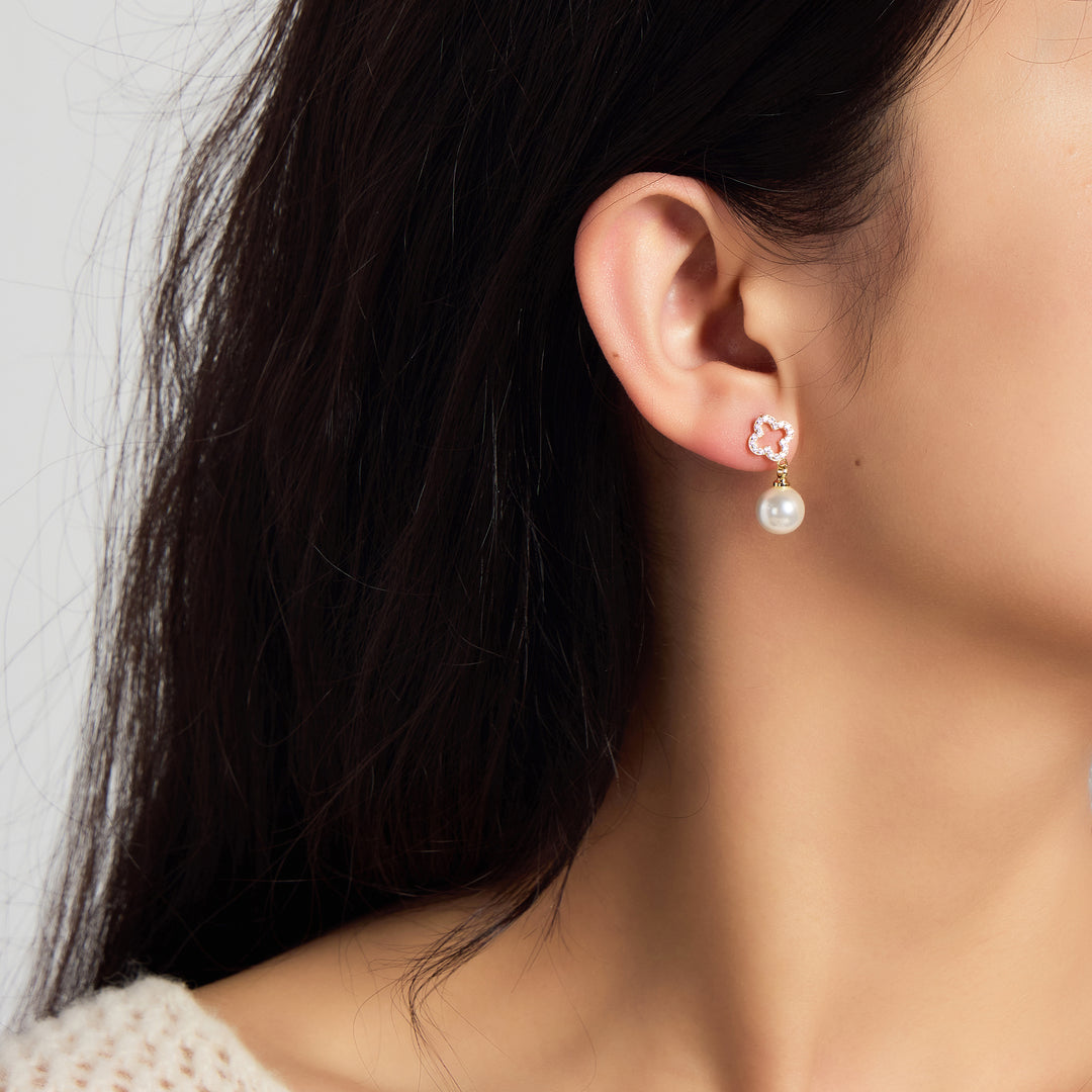 18k Gold Plated Clover Pearl Drop Set Created with Zircondia® Crystals
