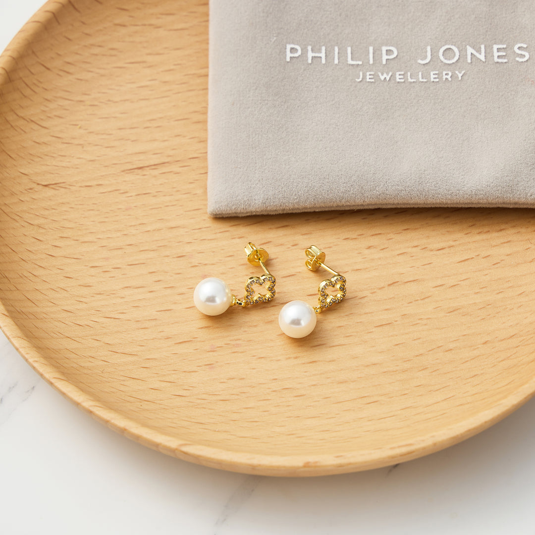 18k Gold Plated Clover Pearl Drop Earrings Created with Zircondia® Crystals