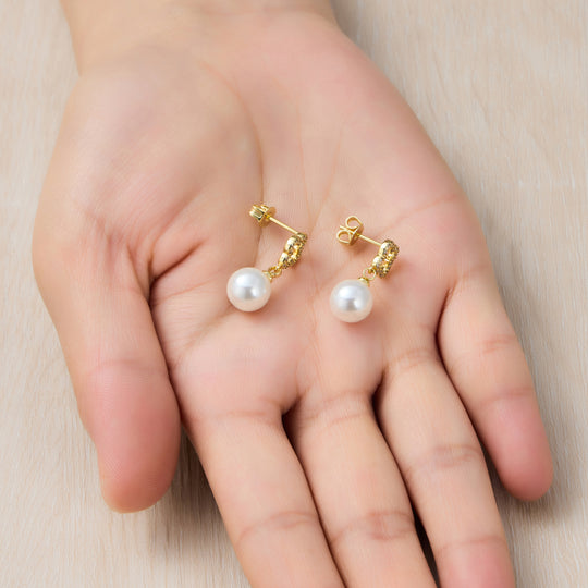 18k Gold Plated Clover Pearl Drop Earrings Created with Zircondia® Crystals