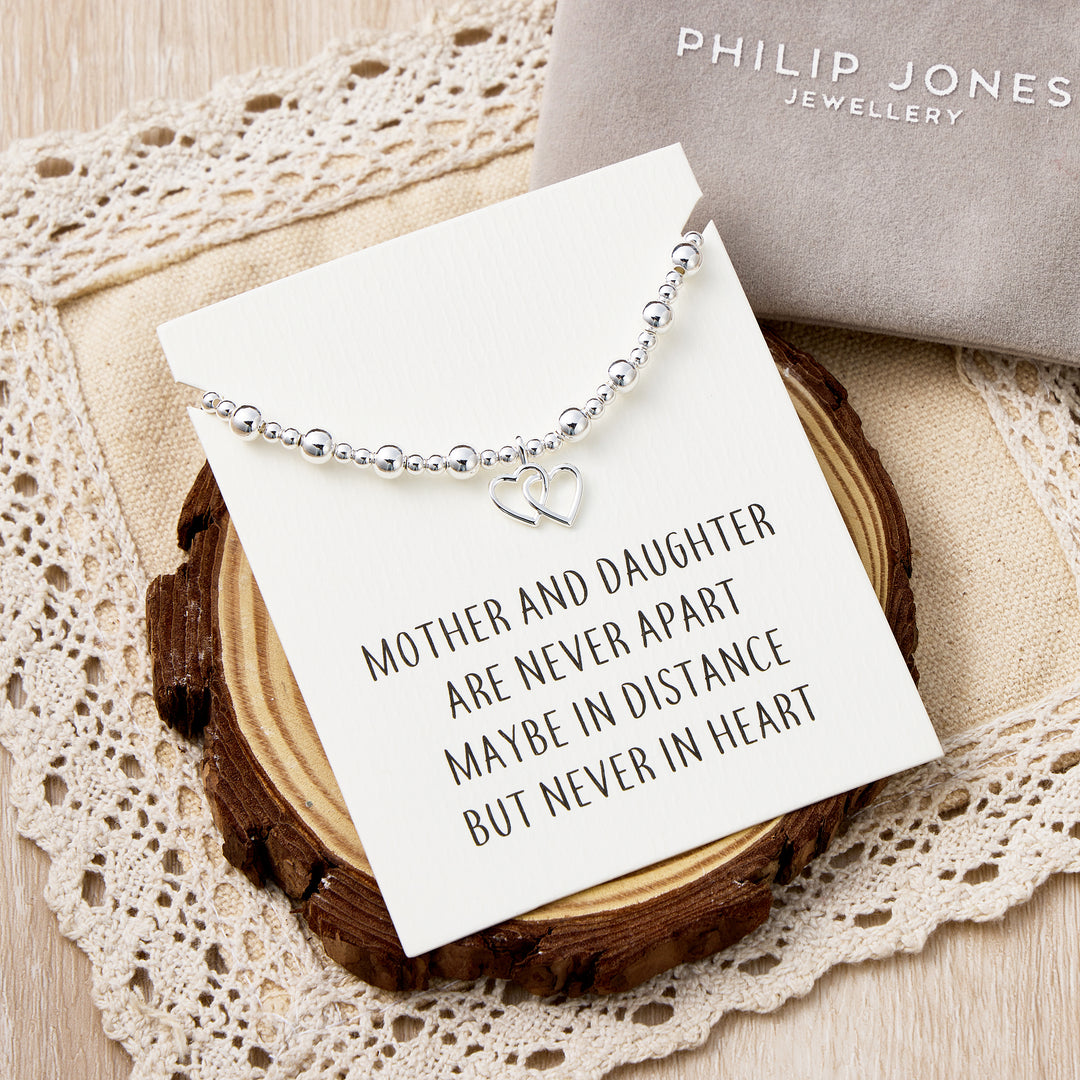 Heart Link Beaded Stretch Mother and Daughter Bracelet with Quote Card