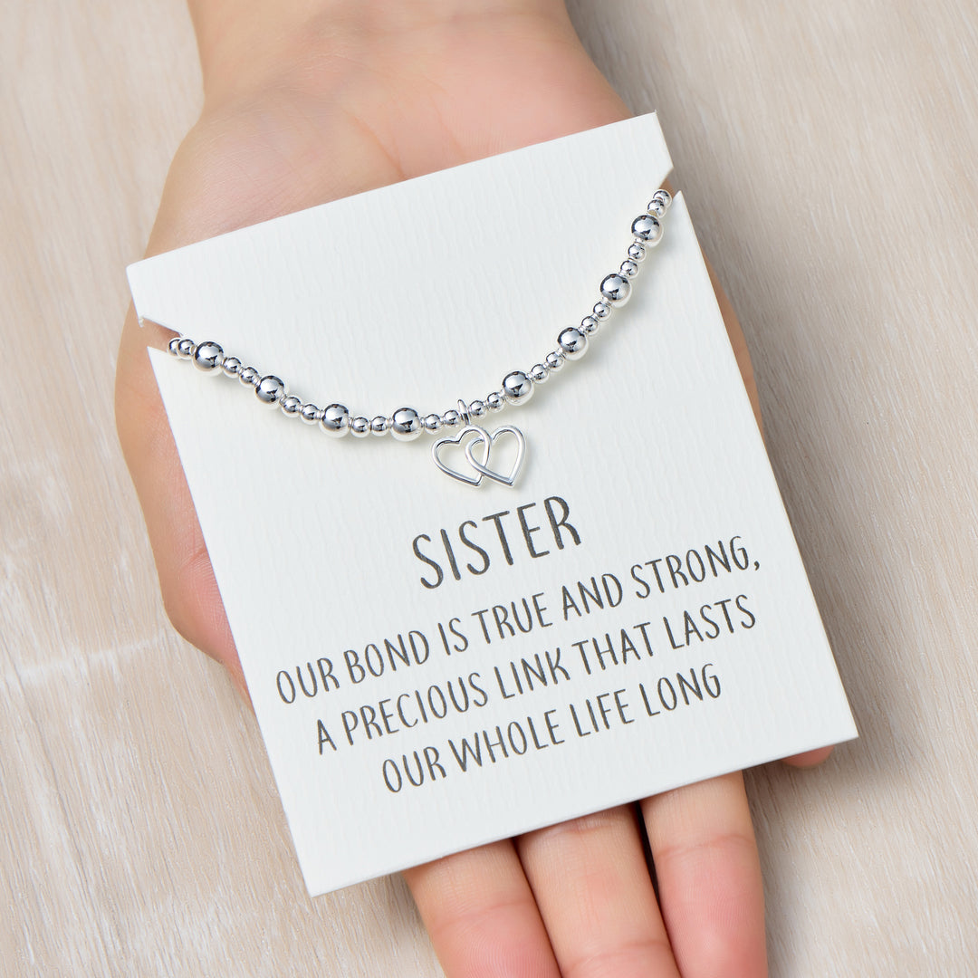 Sister Heart Link Beaded Stretch Bracelet with Quote Card