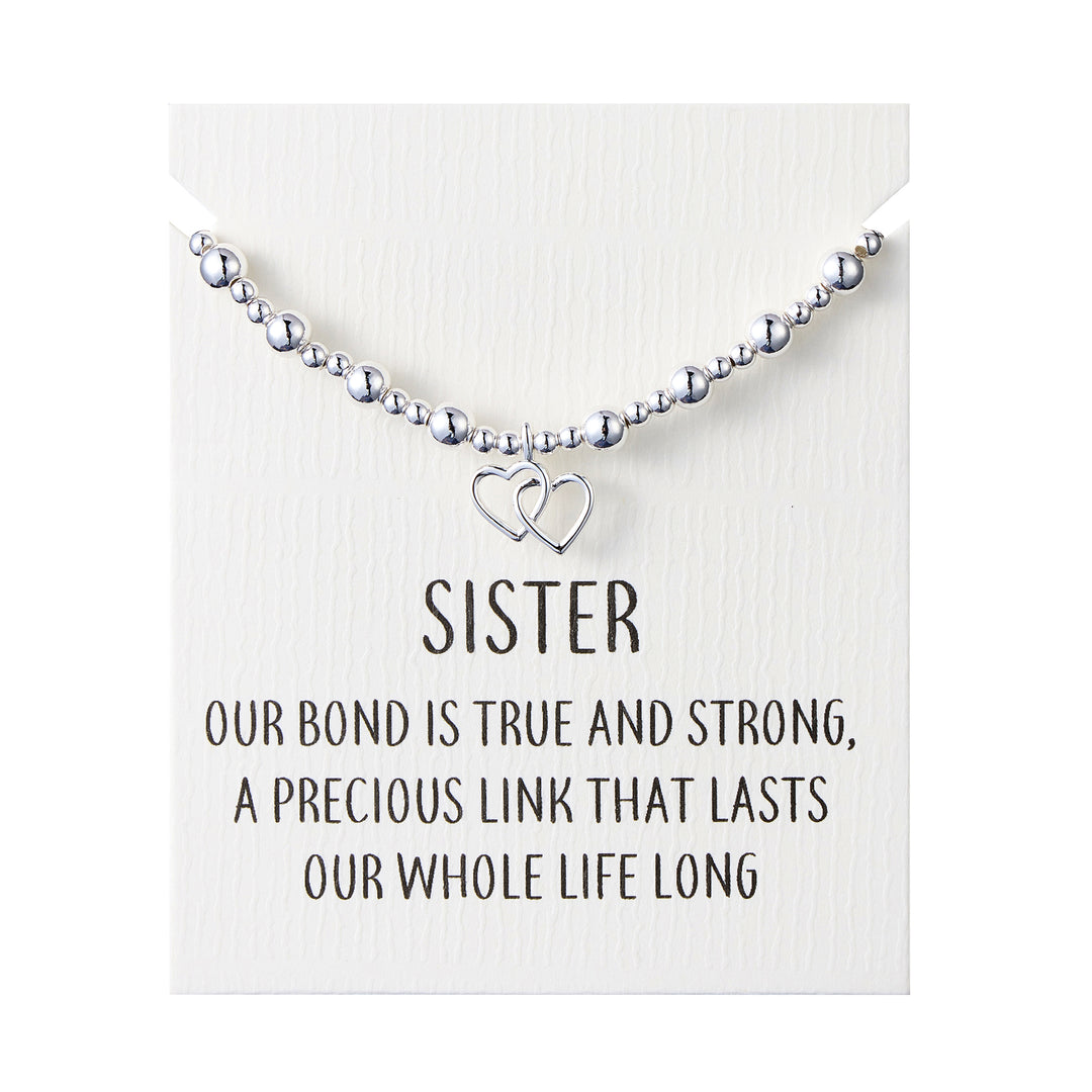 Sister Heart Link Beaded Stretch Bracelet with Quote Card